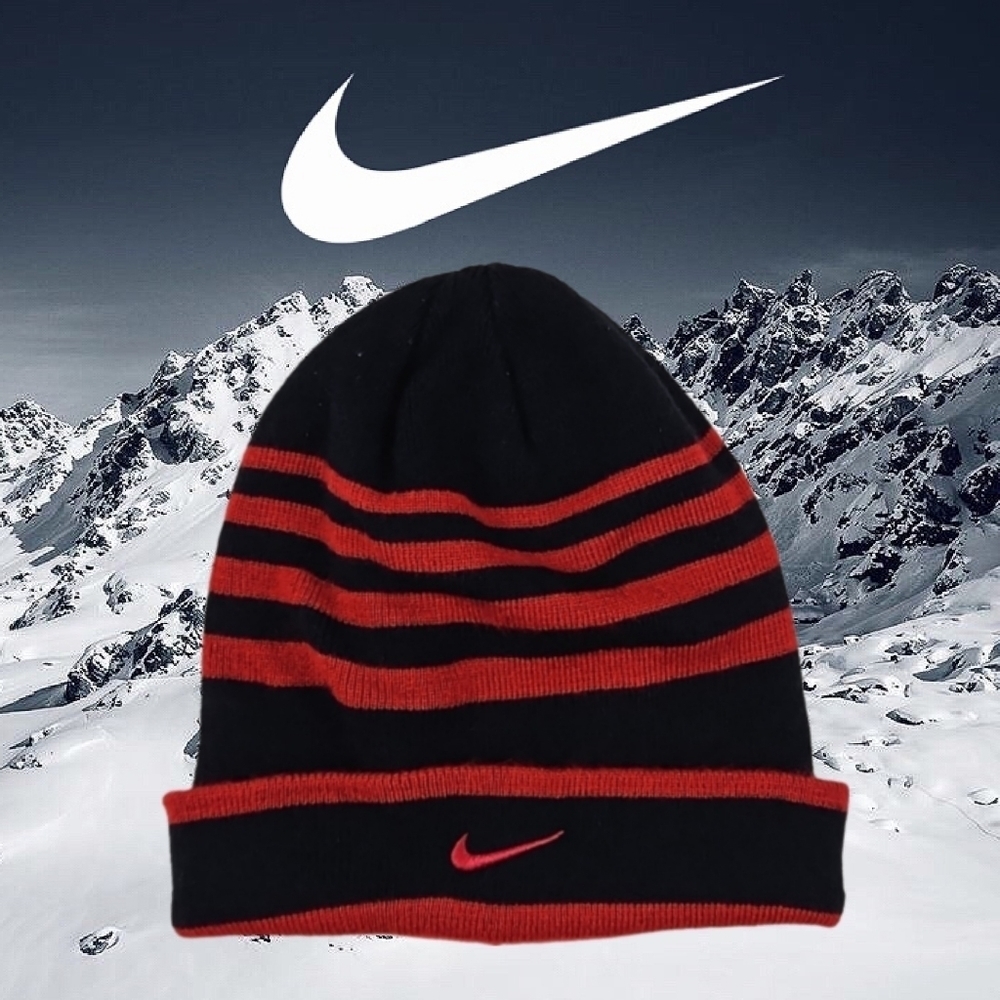 Nike Beanie Hat, Red Black Stripes, Youth